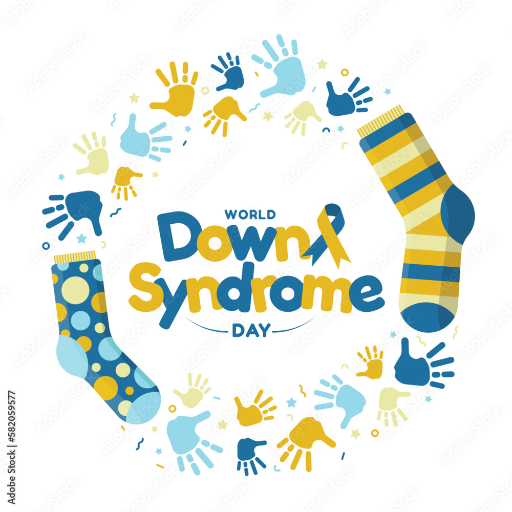 World Down Syndrome Day - text and ribbon sign in circle frame with lots of socks handprint and ribbon firework around vector design - obrazy, fototapety, plakaty 