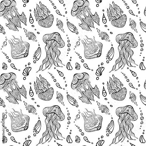Jellyfish and shell irregular seamless pattern. Ocean zenart endless texture for relax coloring book sheet. Zen doodle sea nettle chaotic surface design. Sea blubber hand drawn art therapy page. photo