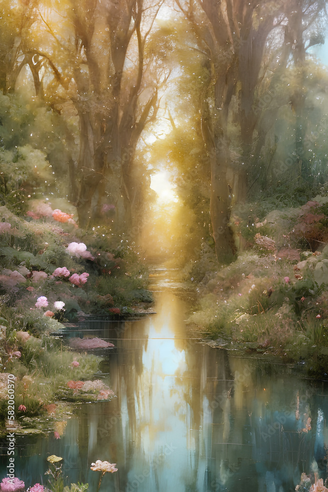 Obraz premium Fluss mit Bäumen und Blumen, Generative AI