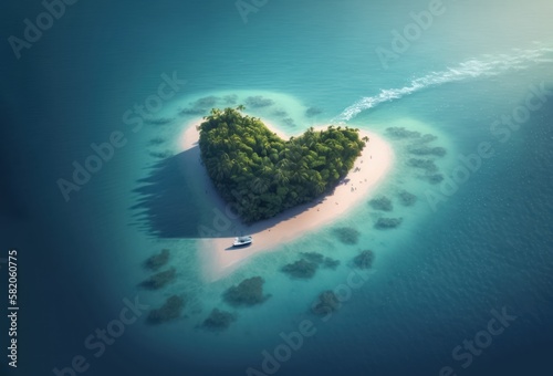 Heart Shaped Island in Blue Ocean Surrounded by Waves