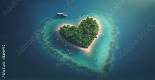 Heart Shaped Island in Blue Ocean Surrounded by Waves
