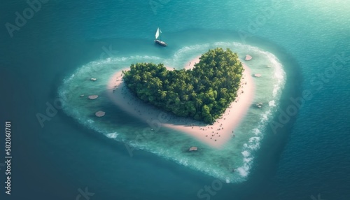 Heart Shaped Island in Blue Ocean Surrounded by Waves © Shiva3D