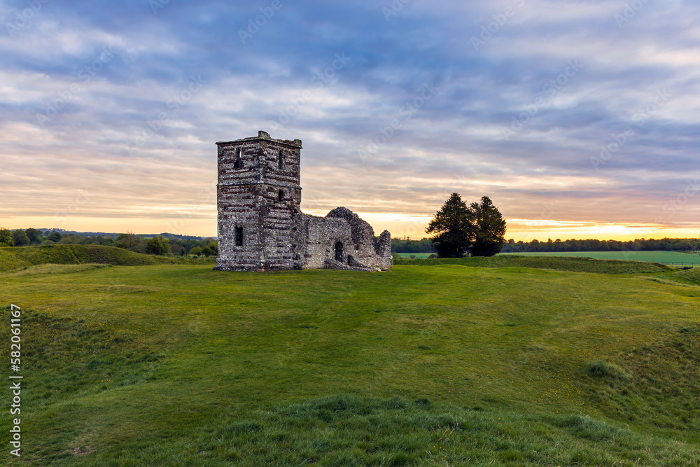 Knowlton Church And Earthworks at Knowlton, Dorset, UK, on an early spring morning.