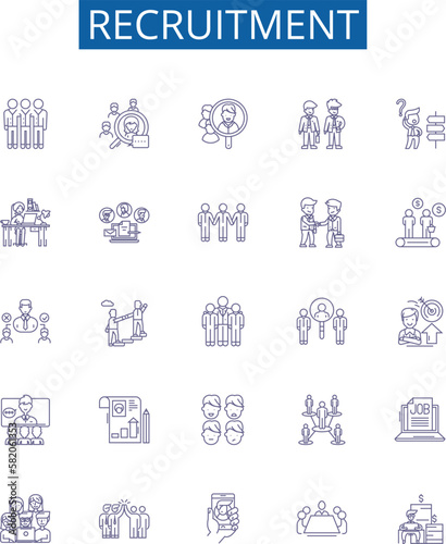Recruitment line icons signs set. Design collection of Hiring, Appoint, Source, Staffing, Engage, Induct, Enlist, Acquire outline concept vector illustrations