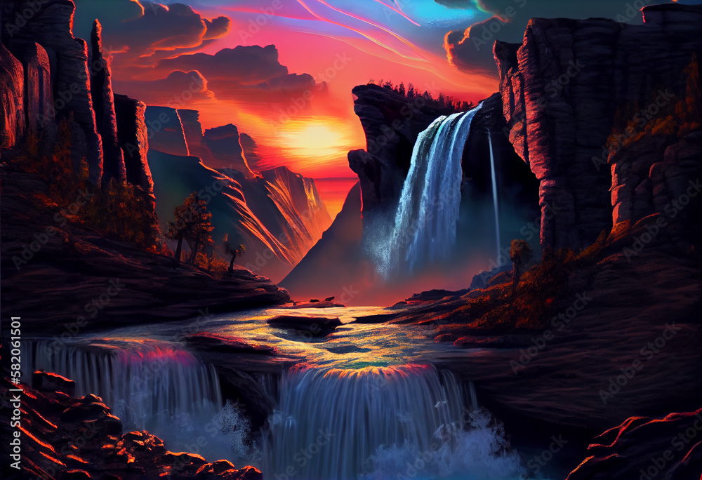 waterfall and sunset. generative ai