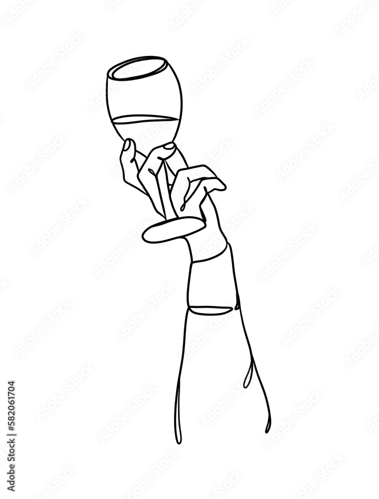 Continuous one line drawing of a hand holding a wine glass. Vector ...