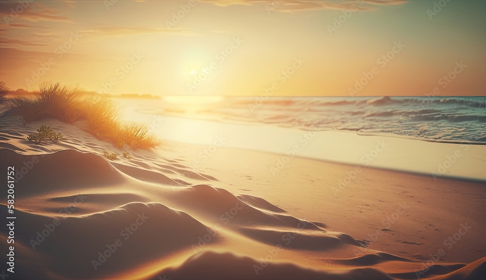 Beach summer background with golden sunset. Generative AI