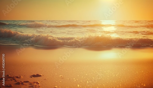 Beach summer background with golden sunset. Generative AI