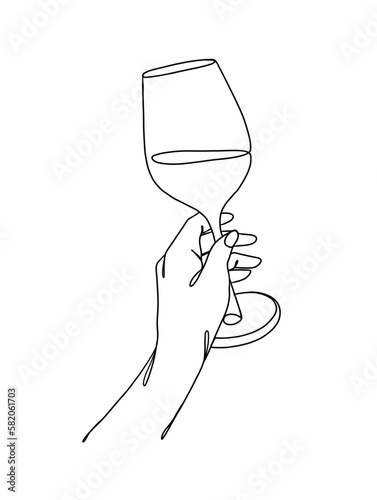 Continuous one line drawing of a hand holding a wine glass. Vector illustration.