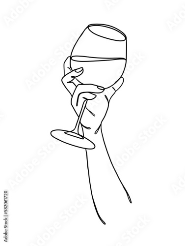 Continuous one line drawing of a hand holding a wine glass. Vector illustration.