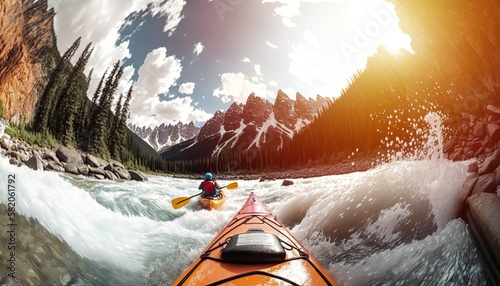 Kayaking in whitewater rapids of mountains river wide angle view, extreme water sport at outdoor nature, rear view of kayaker man paddling strong river current, generative AI