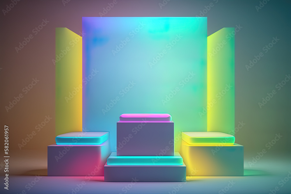 Realistic 3D podium with neon light and pastel color for product display. Created with Generative AI Technology Realistic 3D podium with neon light and pastel color for product display. Created with Generative AI Technology
