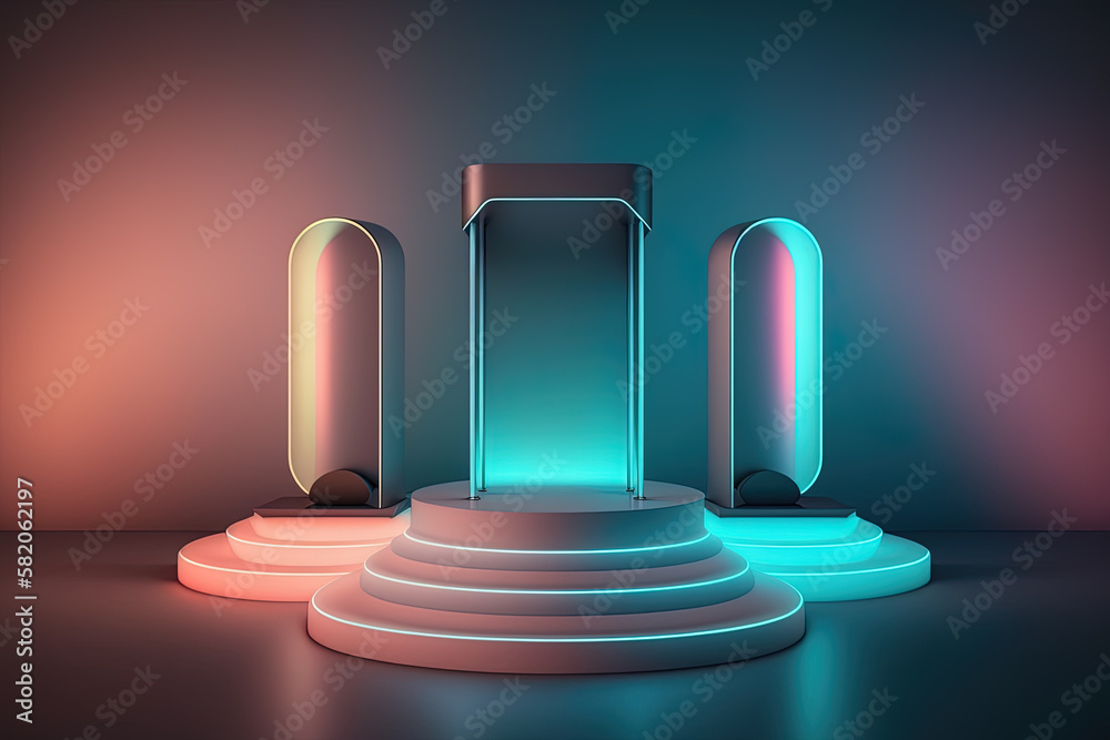 Realistic 3D podium with neon light and pastel color for product display. Created with Generative AI Technology	