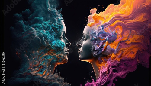 Love couple heads colorful smoke silhouettes on solid background, sincere true love of two persons souls, multicolored mist in shape of lovers faces, love of man and woman generative AI photo