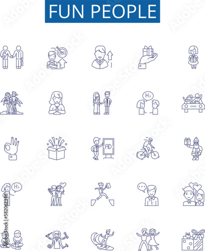 Fun people line icons signs set. Design collection of Mirthful, Amusing, Cheerful, Joyful, Vivacious, Blithe, Lighthearted, Comical outline concept vector illustrations