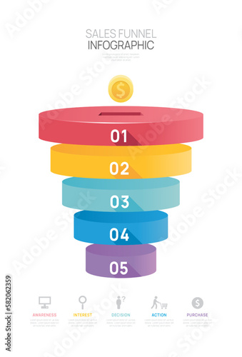 Infographic Sales funnel diagram template for business. Modern  Timeline 5 step level, digital marketing data, presentation vector infographics.