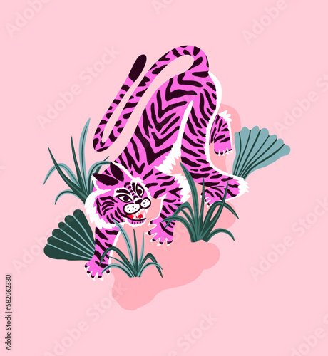 Japanese style tiger in jungle. Indian oriental style. Flat hand drawn for t shirt print, logo, poster template, tattoo idea. Endangered animal. .