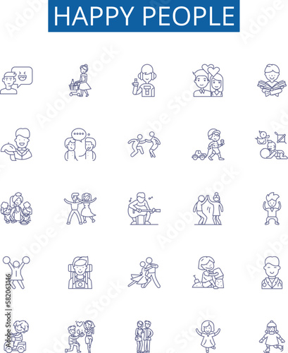Happy people line icons signs set. Design collection of Cheerful, Joyful, Grinning, Content, Gleeful, Carefree, Mirthful, Blissful outline concept vector illustrations