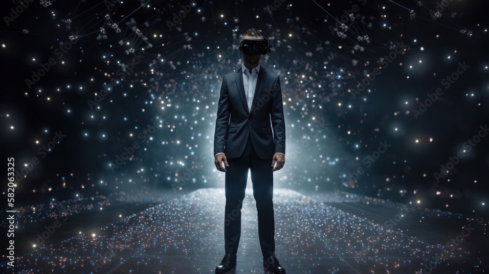 A person in a futuristic virtual reality headset, interacting with a virtual reality environment. Gen AI A person in a futuristic virtual reality headset, interacting with a virtual reality environment. Gen AI