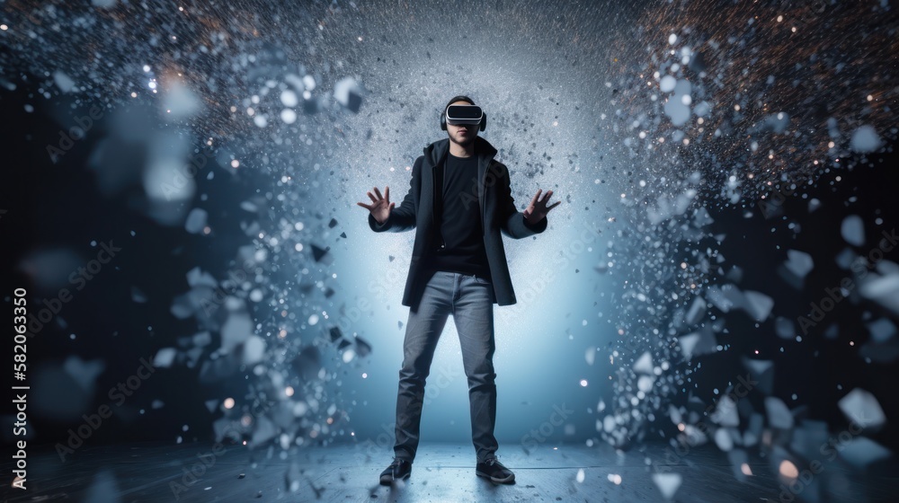 A person in a futuristic virtual reality headset, interacting with a virtual reality environment. Gen AI A person in a futuristic virtual reality headset, interacting with a virtual reality environment. Gen AI