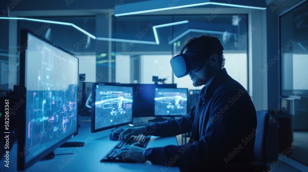 A person in a futuristic virtual reality headset, interacting with a virtual reality environment. Gen AI A person in a futuristic virtual reality headset, interacting with a virtual reality environment. Gen AI