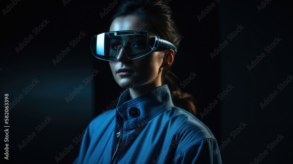 A person in a futuristic virtual reality headset, interacting with a virtual reality environment. Gen AI A person in a futuristic virtual reality headset, interacting with a virtual reality environment. Gen AI
