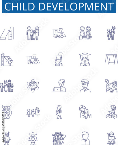 Child development line icons signs set. Design collection of Infant, Toddler, Cognitive, Social, Emotional, Language, Motor, Behavior outline concept vector illustrations