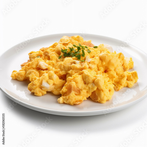 Scrambled eggs in a plate on white background