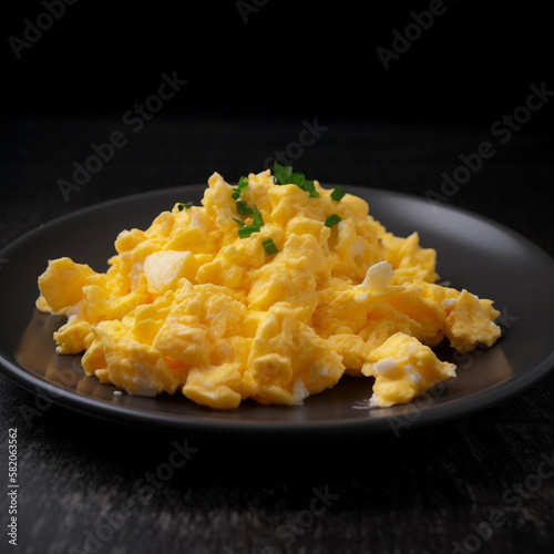 Scrambled eggs dish on a dark background