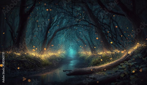 Magical forest with gloomy vibe   Fire fly forest.