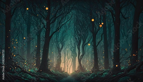 Gorgeous mid night firefly forest.