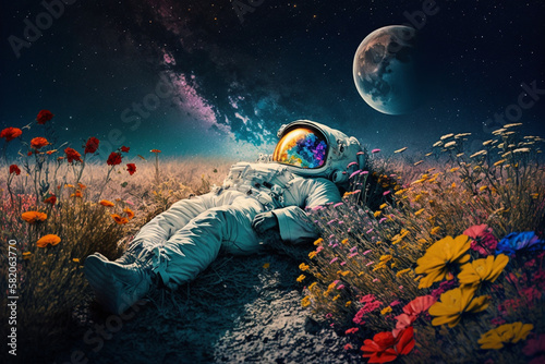 Astronaut or space man relaxing on a planet on a beautiful field of flowers. Freedom and creativity science concept. Ai generated