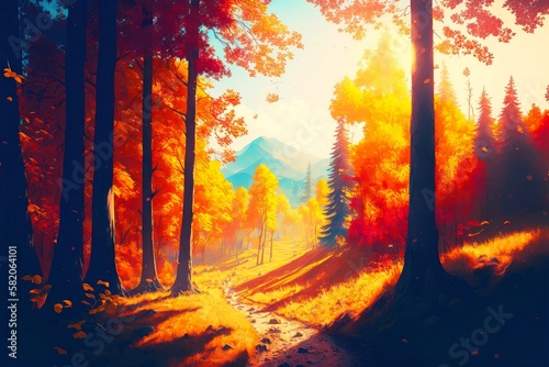 beaful landscape with autumn sunny forest and autumn leaf fall, created with generative ai photo