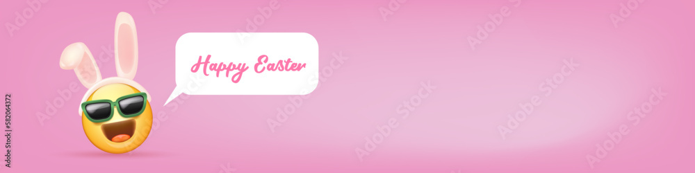 Happy easter funny horizontal banner with cartoon 3d smile face with rabbit ears and sunglasses isolated on pink background. Vector 3d square happy eater poster, flyer, banner, label and background