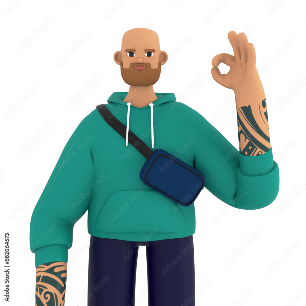 Young man showing positive gesture. Male character making Ok or Okay gesture and agreeing. 3d render isolated illustration.