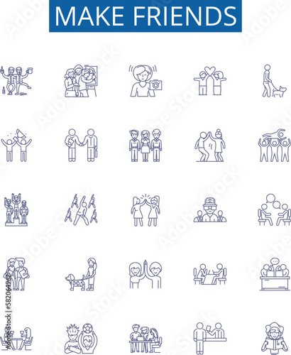 Make friends line icons signs set. Design collection of Connect, Mingle, Socialize, Acquaint, Network, Associate, Join, Unite outline concept vector illustrations
