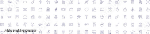 Kitchen line icons signs set. Design collection of Cooking, Cuisine, Cabinets, Dishes, Utensils, Appliances, Stove, Oven outline concept vector illustrations