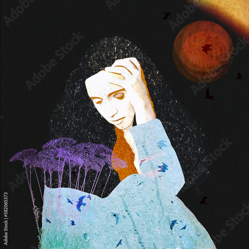 Ilustracja młoda kobieta siedząca w zamyśleniu ciemne tło.