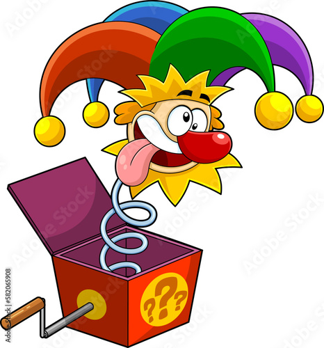 Funny Jolly Jester Cartoon Character Exit From Surprise Box. Vector Hand Drawn Illustration Isolated On Transparent Background