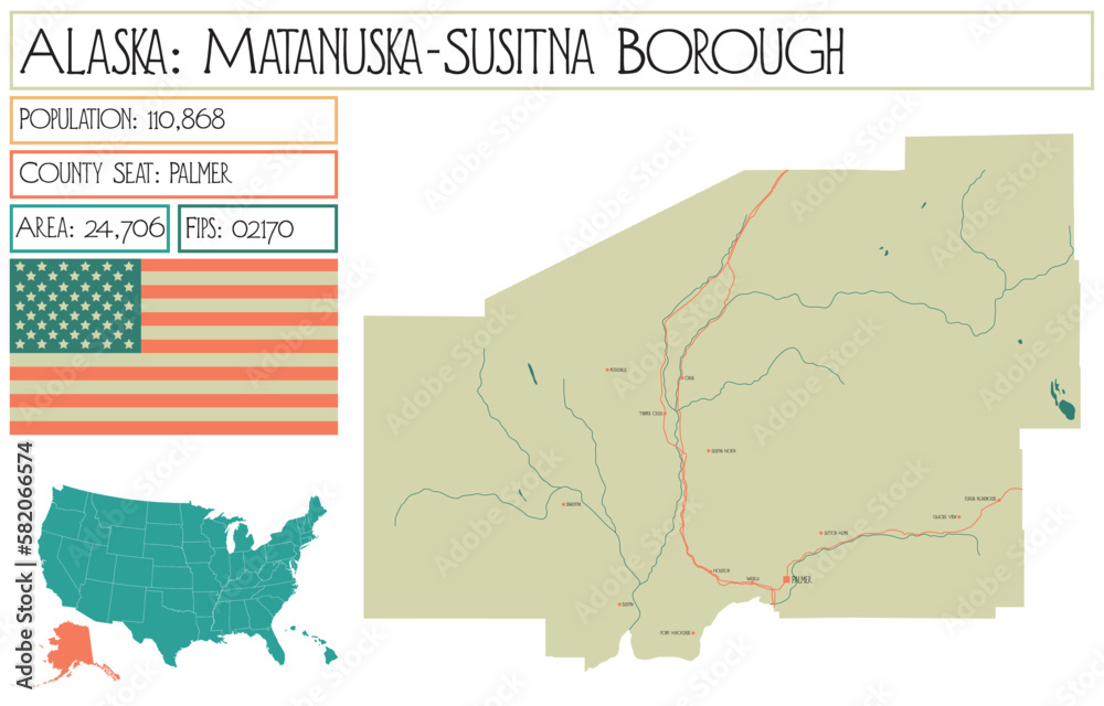 Large and detailed map of Matanuska-Susitna Borough in Alaska, USA.