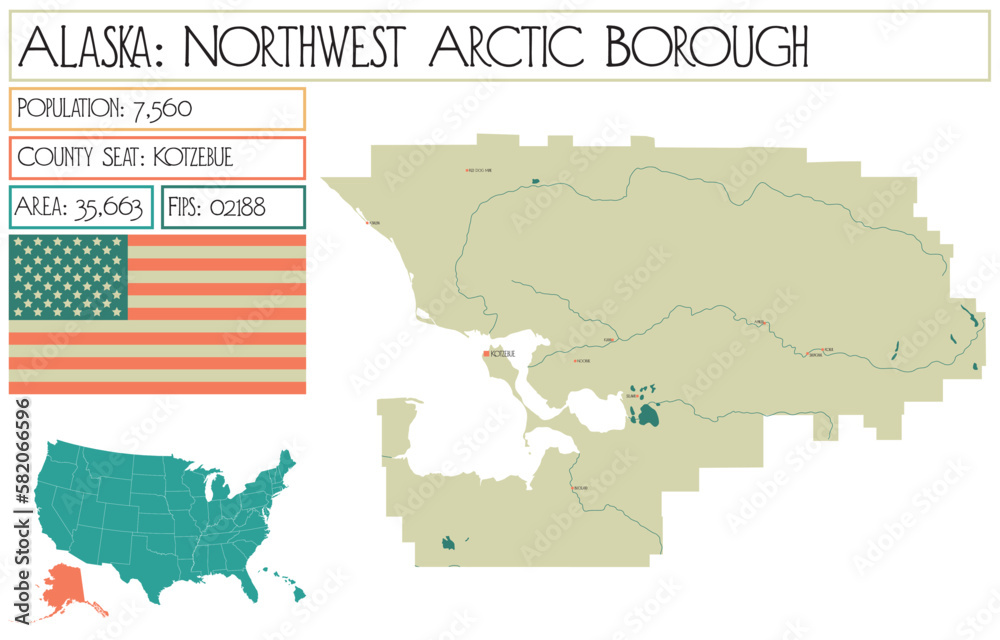 Large and detailed map of Northwest Arctic Borough in Alaska, USA.