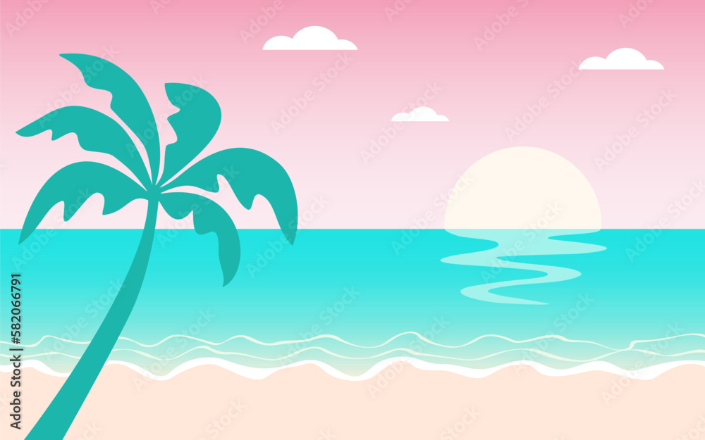 Sea landscape. Sunset with pink sky and turquoise sea. Vector illustration