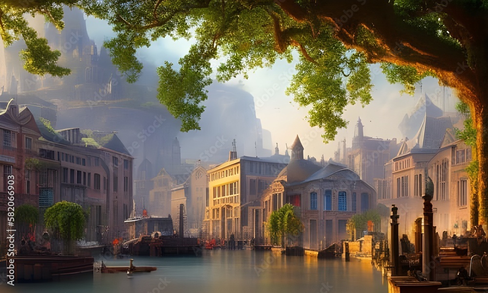 Ilustracja inspirowana starą europą, stare miasto, klasyczne zabudowania, kanał z wodą, drzewo. Wygenerowane przy pomocy AI. - obrazy, fototapety, plakaty 