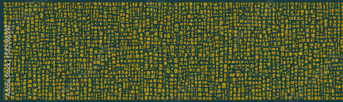 Anime style alphabet texture with oriental characters and sushi rolls. Vintage design with wide banners is perfect for menus and signs in japanese restaurant. Vector