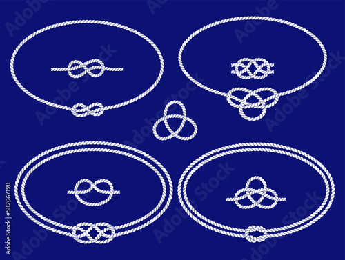 Nautical rope knots, frames and border set. Seamless decorative marine rope