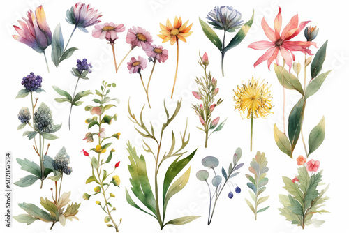 delicate watercolor beautiful meadow flowers on white background. generative ai 