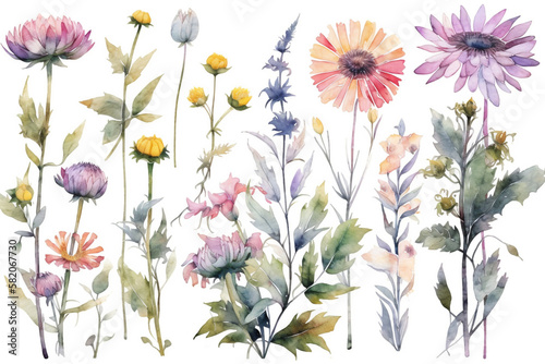 delicate watercolor beautiful meadow flowers on white background. generative ai  © pa-ka