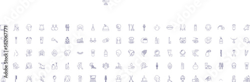 Beauty cosmetics line icons signs set. Design collection of Makeup, SkinCare, HairCare, Perfume, Lipstick, Facial, Primer, Mascara outline concept vector illustrations