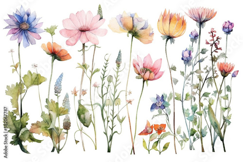 delicate watercolor beautiful meadow flowers on white background. generative ai 