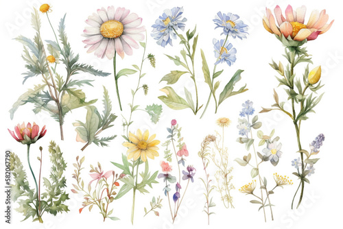 delicate watercolor beautiful meadow flowers on white background. generative ai  © pa-ka